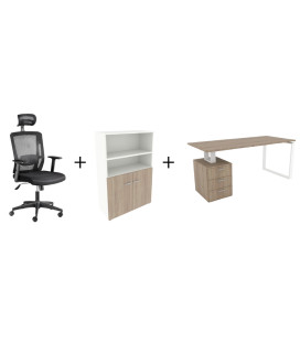 PACK Secretária com suporte para gavetas + armário com portas baixas + cadeira sevilla 2