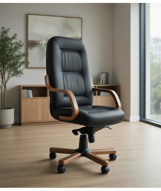 Sillón de oficina con acabados en peil natural y brazos y base en madera