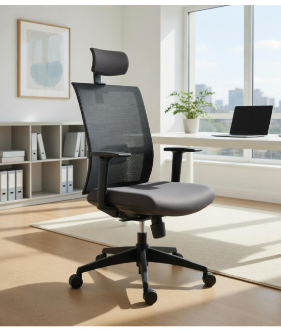 Silla Operativa Verona con cabezal, respaldo y malla color negro