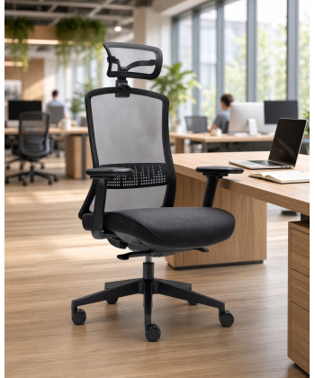 Silla de oficina, con respaldo alto de malla y cabezal, ARIA. Mejor calidad y precio.